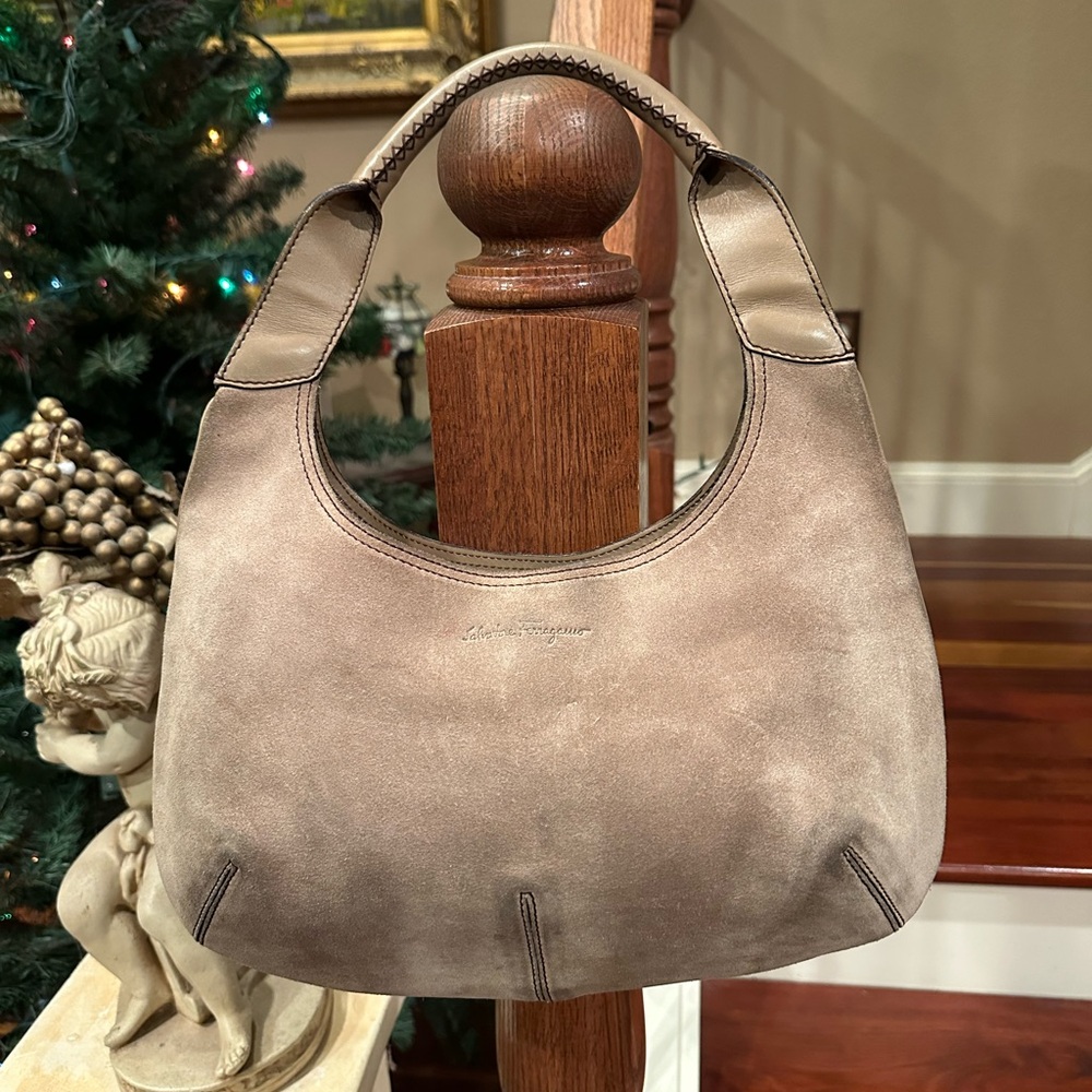 Salvatore Ferragamo Taupe Suede Shoulder Hobo
